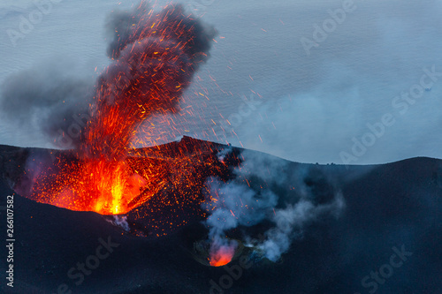 Stromboli Volcano eruption on the small island near Sicily in the Tyrrhenian Sea