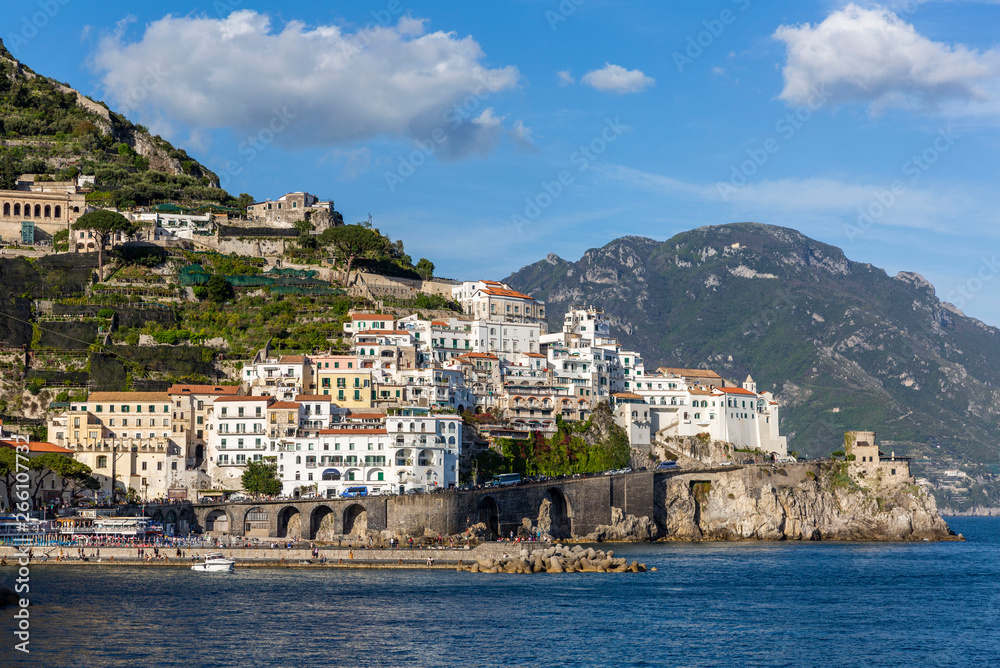 View of Amalfi town and Saracen Tower, Italy