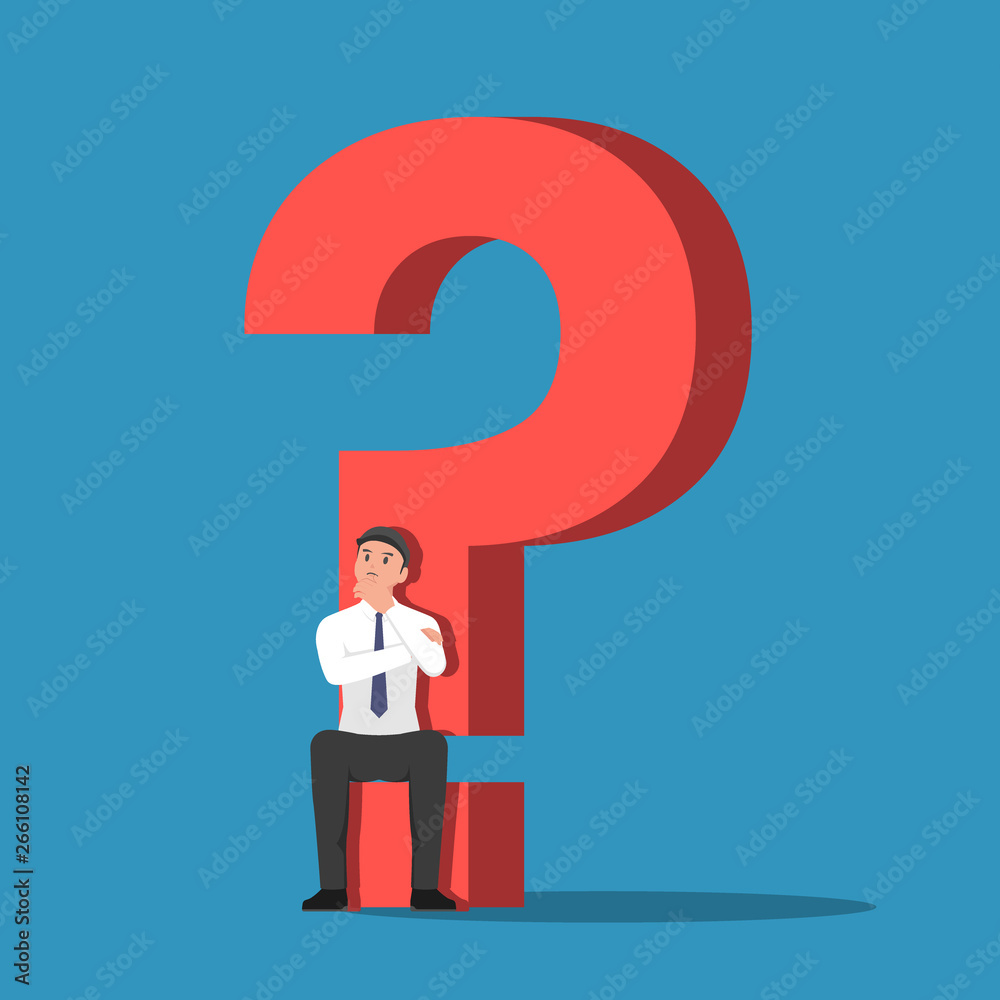 Businessman sitting on the base of question mark sign Businessman sitting on the base of question mark sign