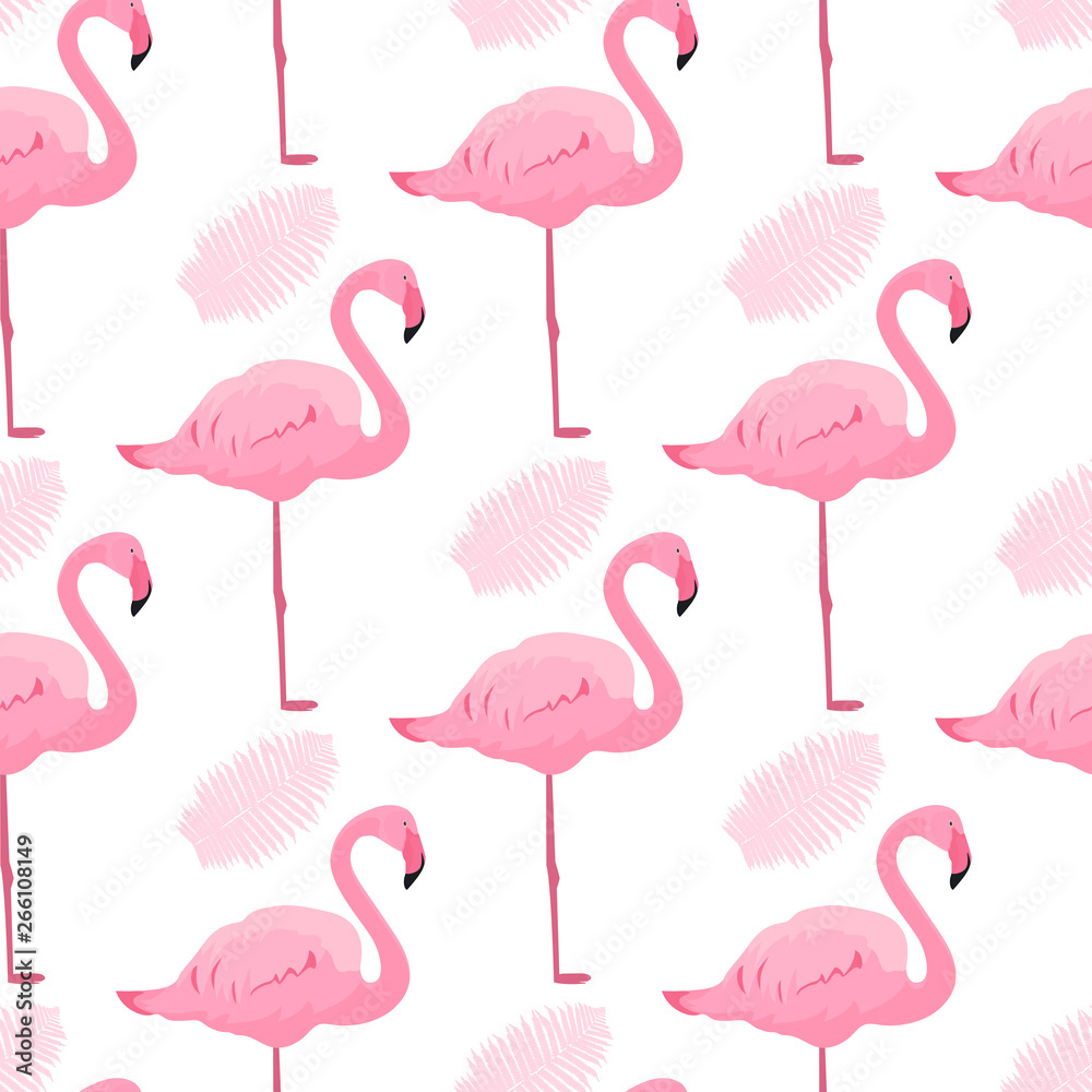 Obraz premium Graceful flamingos and fern leaves. Tropical summer seamless pattern.
