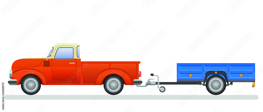 Vintage pickup truck and trail vector illustration isolated on white background.