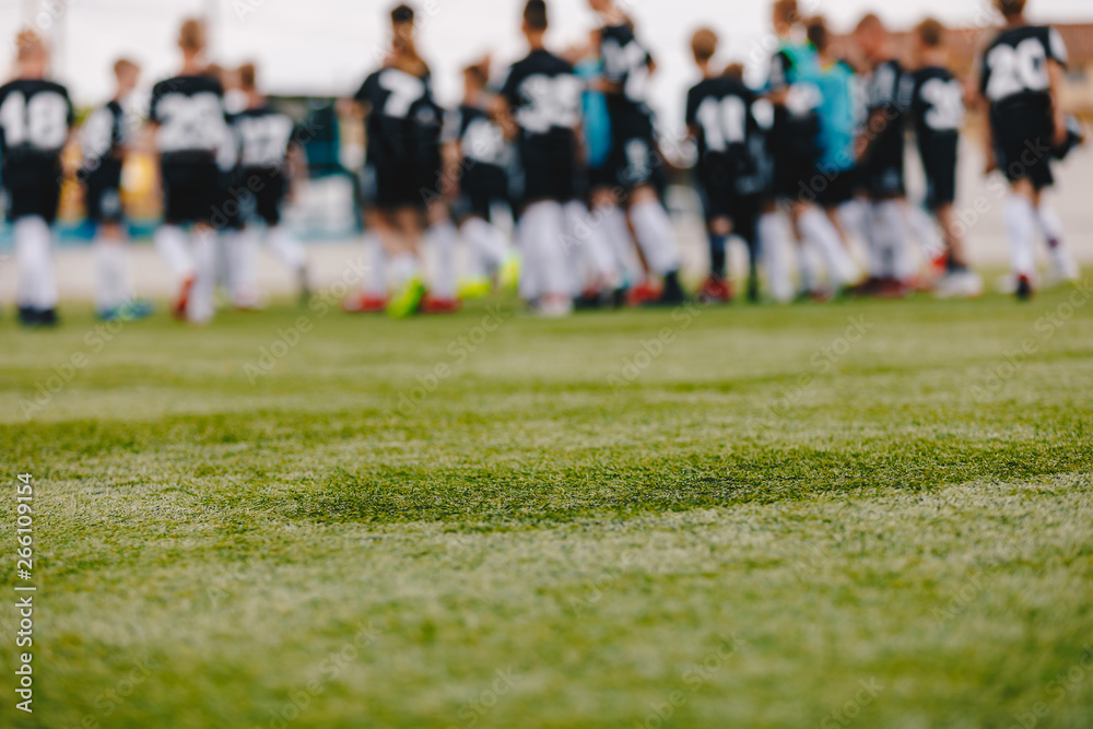 Sports Field Background. Soccer Pitch Blurred Image. Football Turf Grass in Focus and Players in the Background Sports Field Background. Soccer Pitch Blurred Image. Football Turf Grass in Focus and Players in the Background