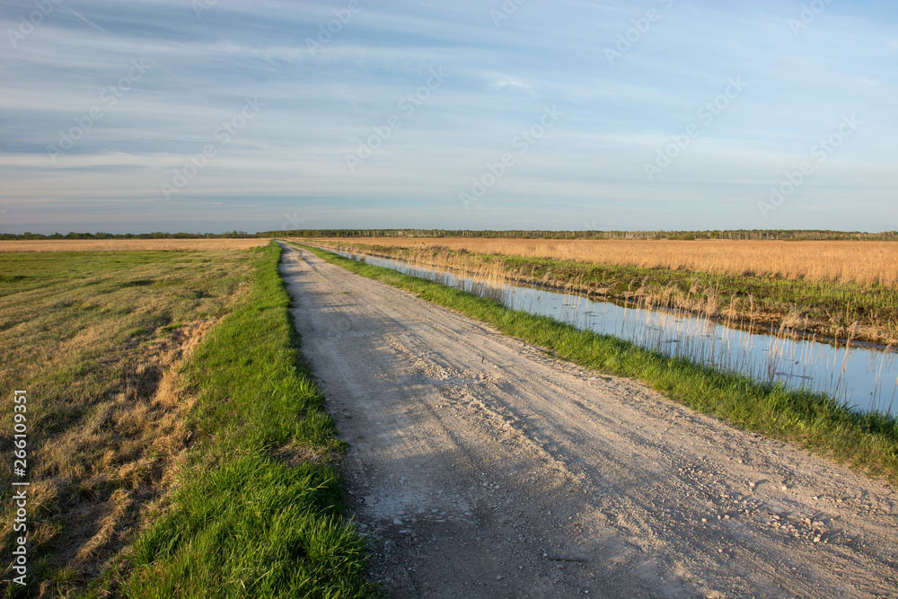 Gravel road through a meadow and water channel
