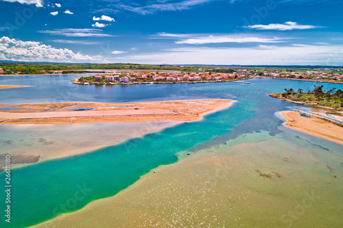 Fototapeta Naklejka Na Ścianę i Meble -  Historic town of Nin laguna and beach sandbars aerial view