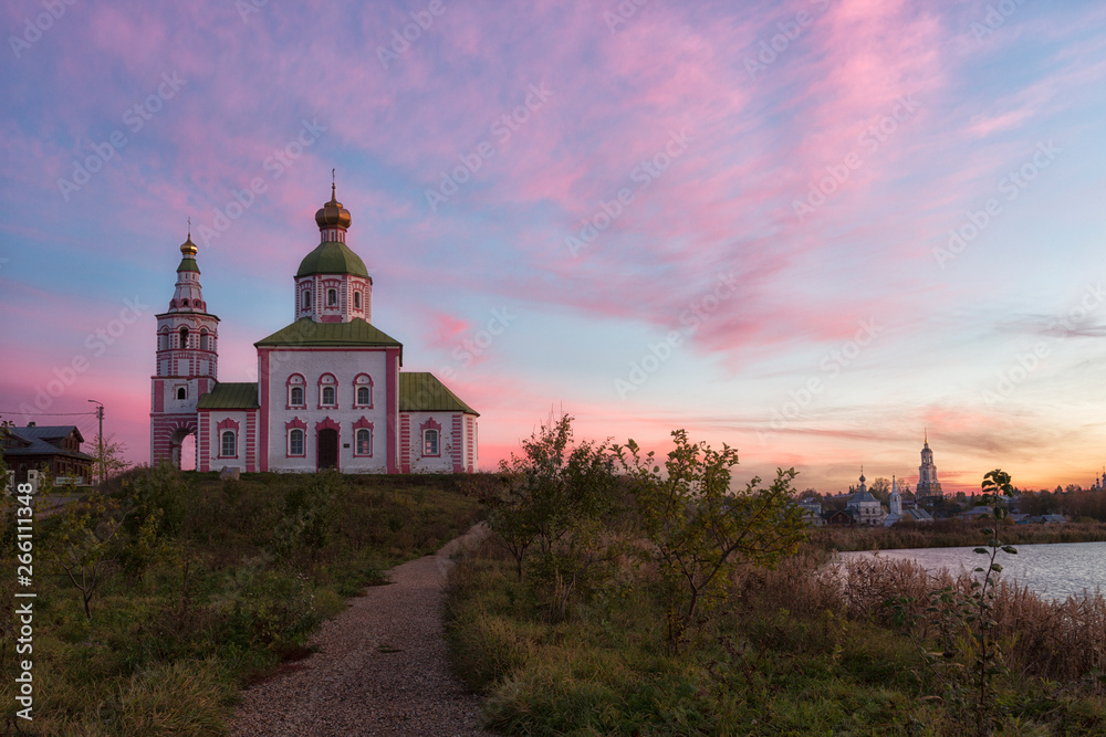 Suzdal, Ilinsky church in autumn sunrise. Russia