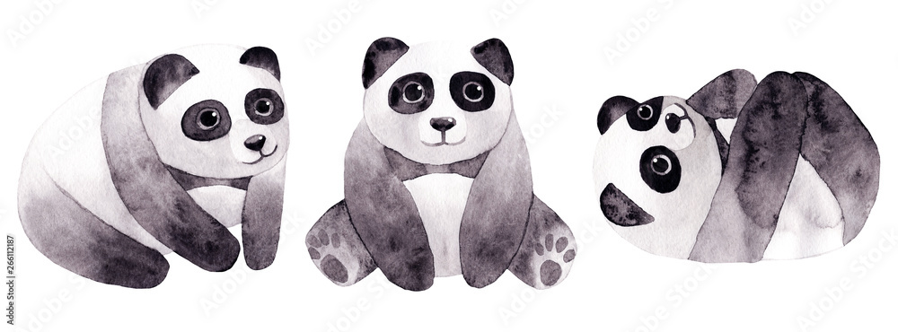 Fototapeta premium Watercolor hand painted cute panda. Pandas isolated on white background. Hand drawn clipart for baby shower, stickers