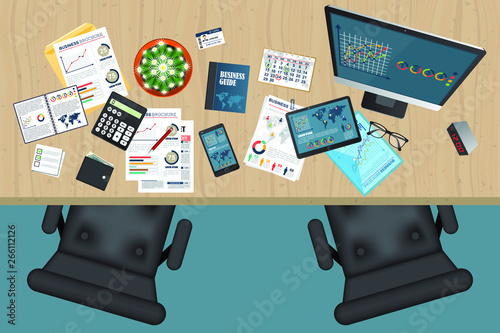 Business workspace top view. Office objects. Business planning and analyzing. Auditing concept.