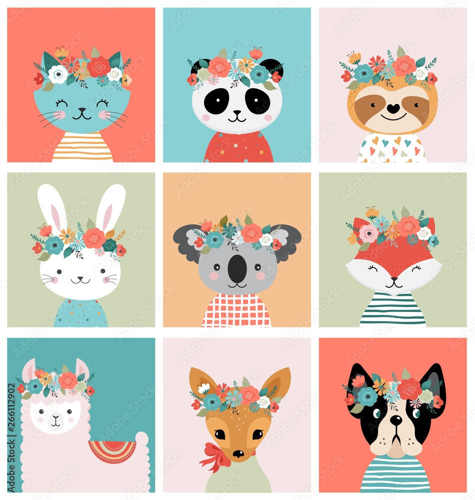 Cute foxes heads with flower crown, vector seamless pattern design for nursery, poster, birthday greeting cards Cute foxes heads with flower crown, vector seamless pattern design for nursery, poster, birthday greeting cards