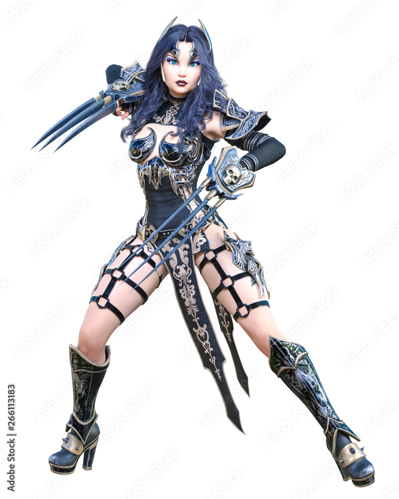 Warrior amazon woman sword and metal blade.Long dark hair.Elven warrior.Comic hero.Muscular athletic body.Girl standing aggressive pose.Conceptual fashion art.3D rendering isolate illustration Warrior amazon woman sword and metal blade.Long dark hair.Elven warrior.Comic hero.Muscular athletic body.Girl standing aggressive pose.Conceptual fashion art.3D rendering isolate illustration