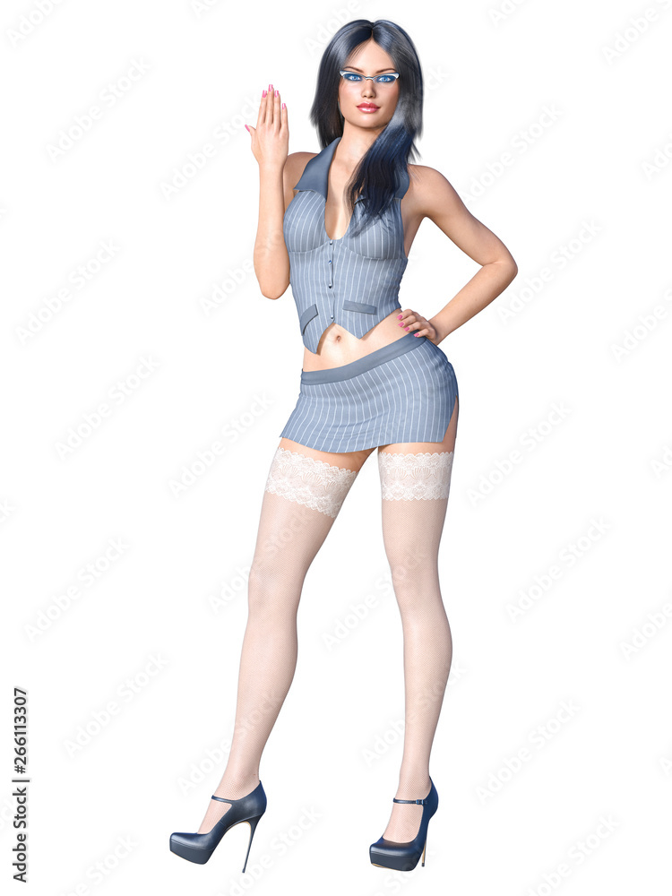 Long-haired sexy brunette secretary uniform white stocking.Short mini skirt striped jacket.Beautiful girl glasses sexually explicit pose.3D rendering isolate illustration. Long-haired sexy brunette secretary uniform white stocking.Short mini skirt striped jacket.Beautiful girl glasses sexually explicit pose.3D rendering isolate illustration.