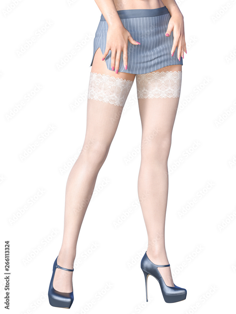 Beautiful long slender sexy female legs short mini skirt and white stockings.Secretary uniform.Beautiful underwear collection.Provocative liberated pose.3D rendering.Isolate.Conceptual fashion art. Beautiful long slender sexy female legs short mini skirt and white stockings.Secretary uniform.Beautiful underwear collection.Provocative liberated pose.3D rendering.Isolate.Conceptual fashion art.