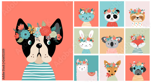 Cute foxes heads with flower crown, vector seamless pattern design for nursery, poster, birthday greeting cards