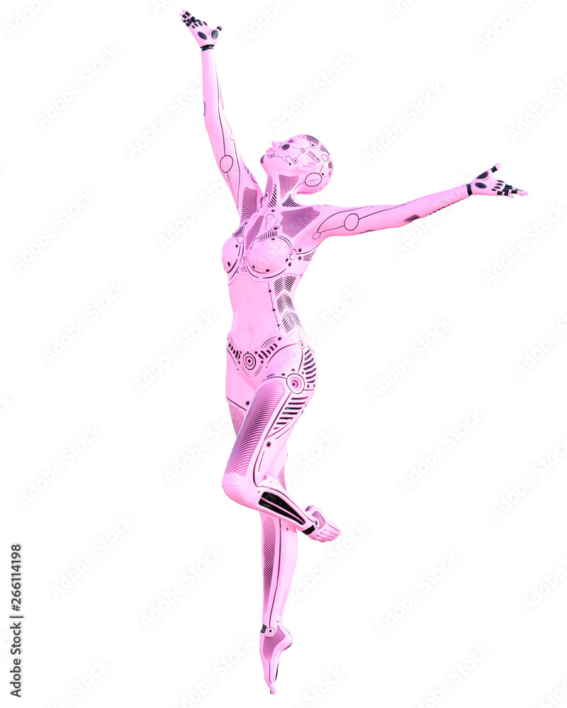Dance gymnast robot woman. Metal pink droid.Artificial Intelligence.Conceptual fashion art.Realistic 3D render illustration.Studio, isolate, high key. Dance gymnast robot woman. Metal pink droid.Artificial Intelligence.Conceptual fashion art.Realistic 3D render illustration.Studio, isolate, high key.