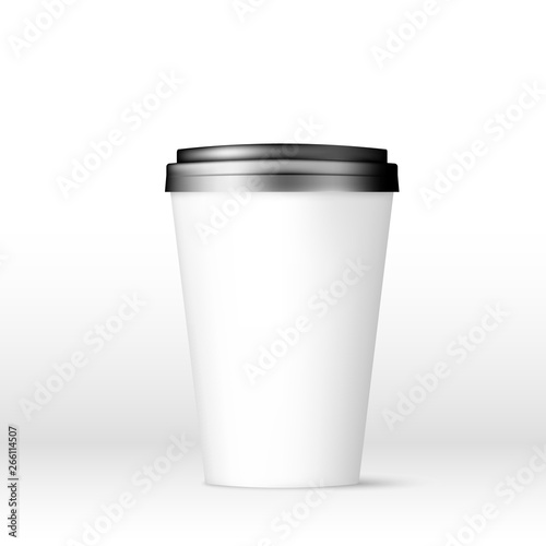 White Coffee Cap with black lid mock up. Empty mug template with space for logo or text. Vector illustration isolated on white background