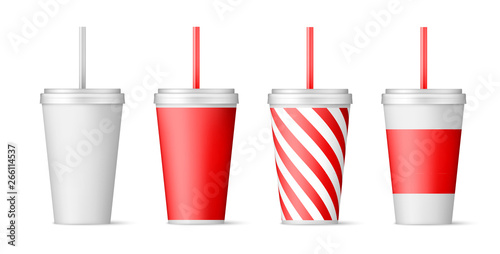 Set of paper cups for soda with straw. vector illustration isolated on white background