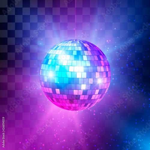 Disco ball with bright rays and bokeh. Music and dance night party background. Abstract night club retro background 80s. Vector illustration photo
