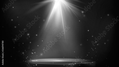Stage spot lighting. Empty floodlit podium on dark background. Vector illustration