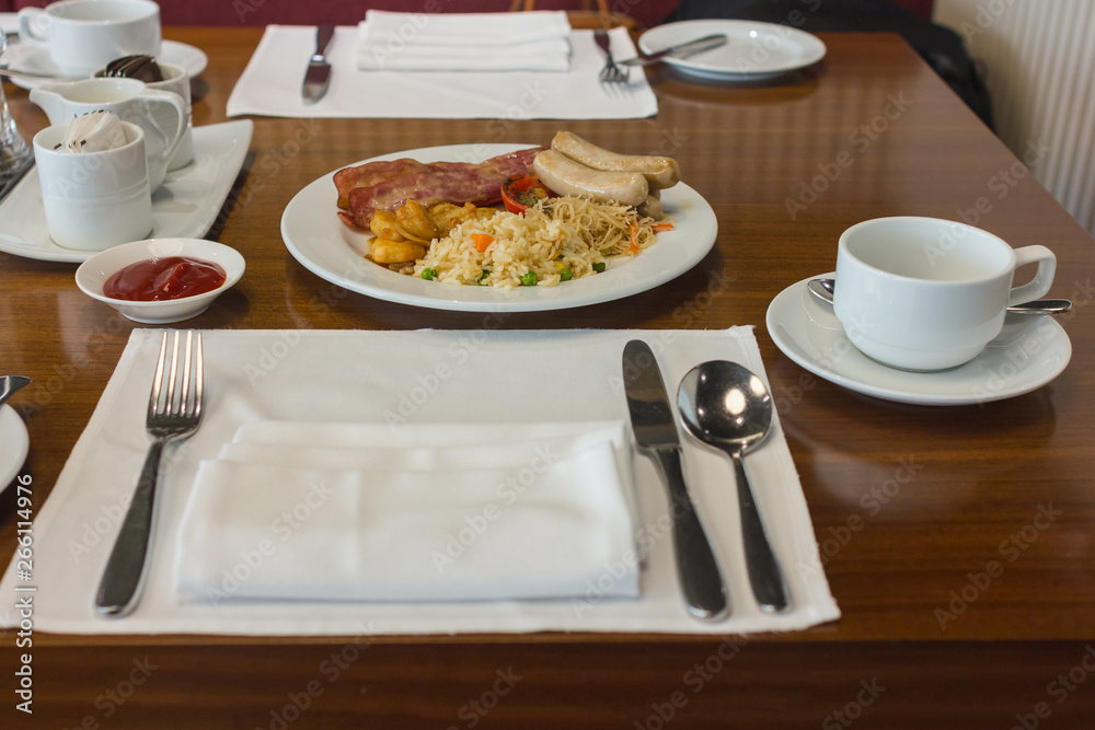 food set on restaurant with fried rice,Ham and sausage