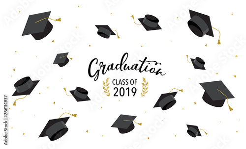 Graduate class of 2019. Caps and confetti on a white background. Hats thrown up, vector illustration, banner design