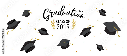 Graduate class of 2019. Caps and confetti on a white background. Hats thrown up, vector illustration, banner design