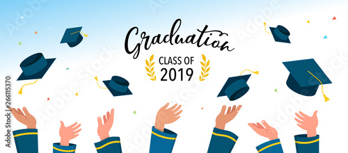 Graduate class of 2019. Caps and confetti on a white background. Hats thrown up, vector illustration, banner design