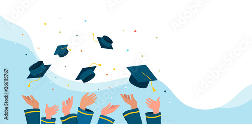 Graduate class of 2019. Caps and confetti on a white background. Hats thrown up, vector illustration, banner design