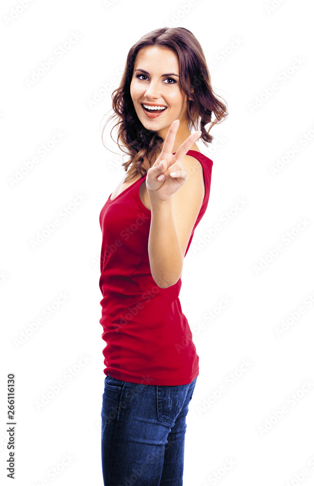 Woman showing two fingers or victory gesture, over white Woman showing two fingers or victory gesture, over white