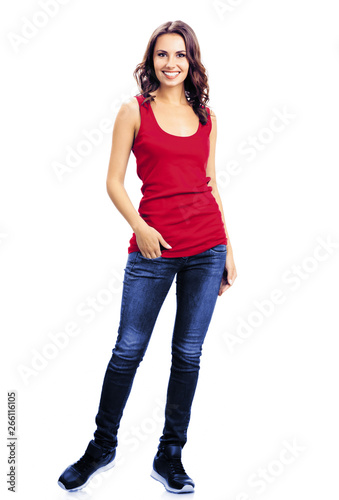 Full body photo - happy smiling young woman, on white