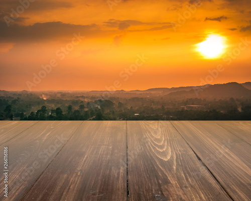 Wood and solar floor in the evening on the mountain