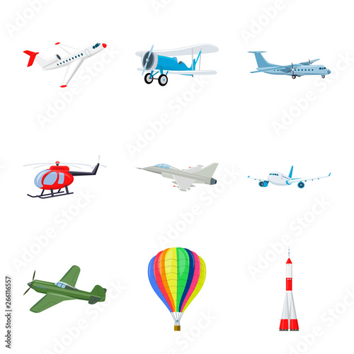 Isolated object of plane and transport icon. Collection of plane and sky vector icon for stock.