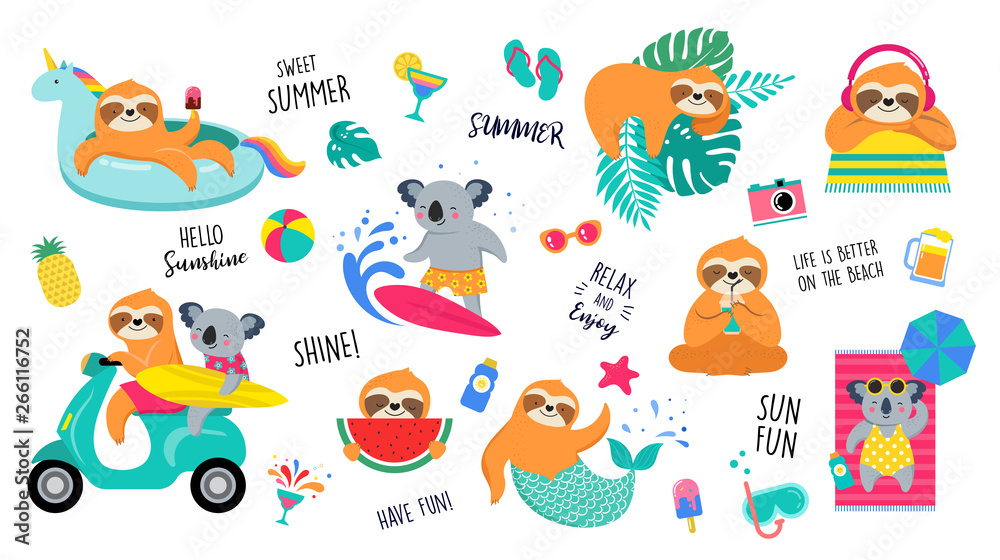 Summer fun illustration with cute characters of koalas and sloths, having fun. Pool, sea and beach summer activities, concept vector illustrations
