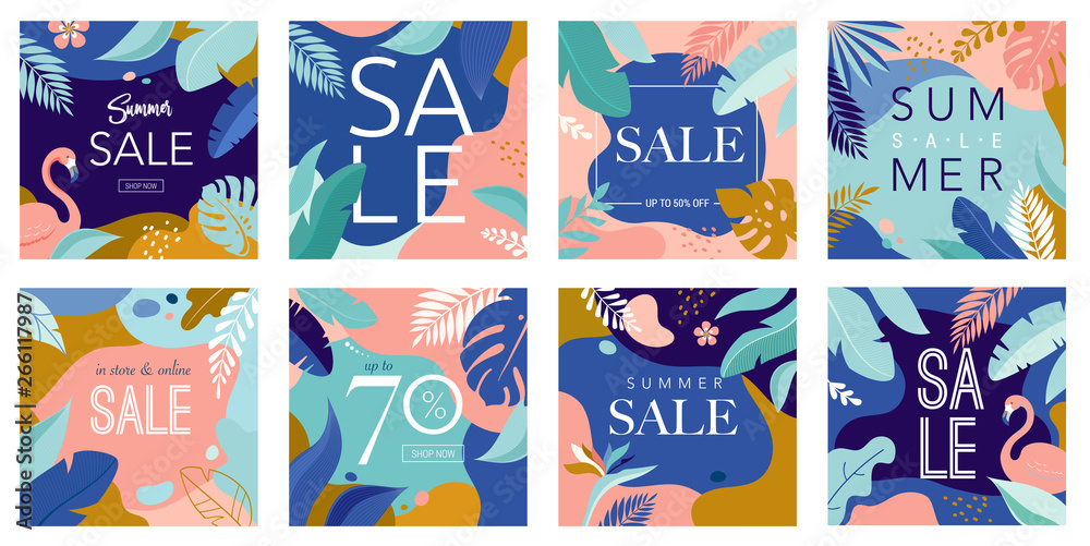 Summer Sale poster with tropic leaves and flamingo, banner and background in modern flat style. Vector illustration