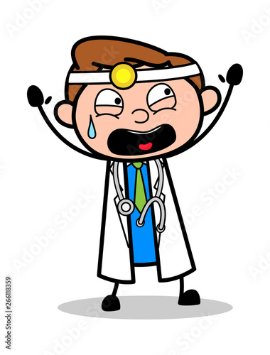 Raising Hands with Fear - Professional Cartoon Doctor Vector Illustration
