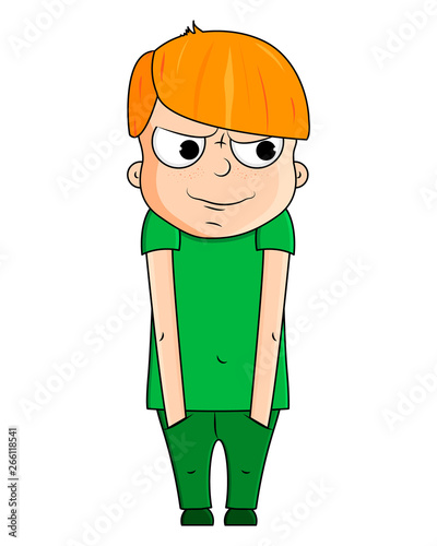 Cute cartoon red boy with smug emotions. Vector illustration
