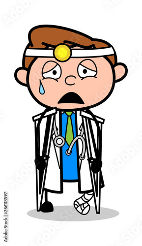 Fractured Leg Patient Crying - Professional Cartoon Doctor Vector Illustration