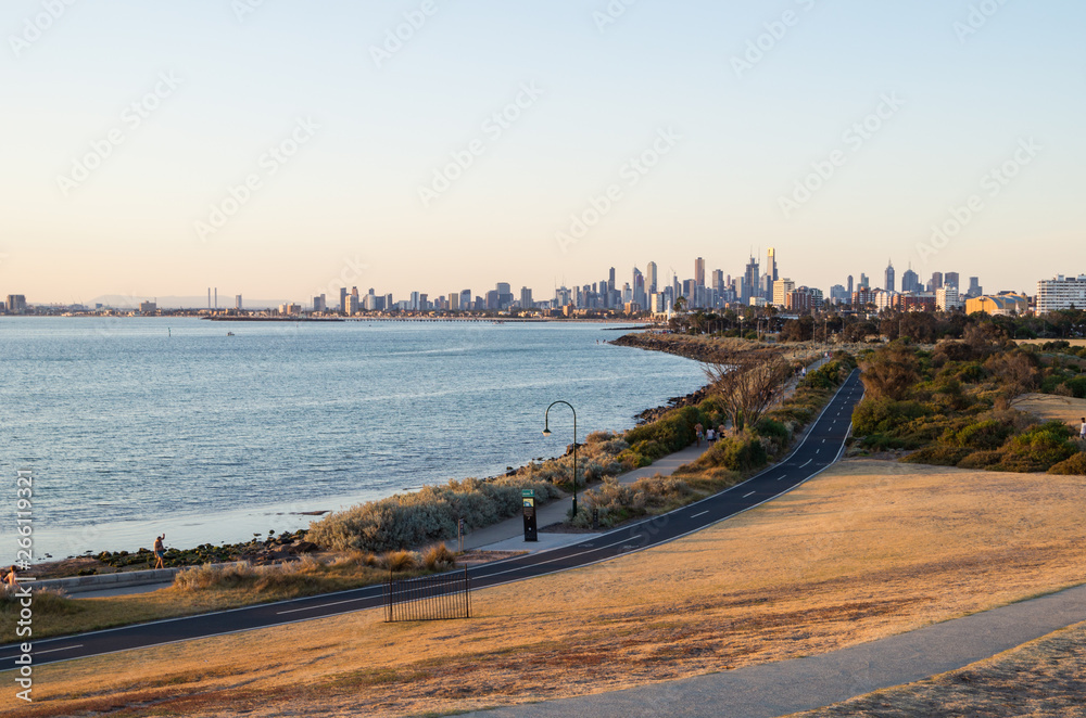 View of Melbourne skyline in Australia seen from Elwood.