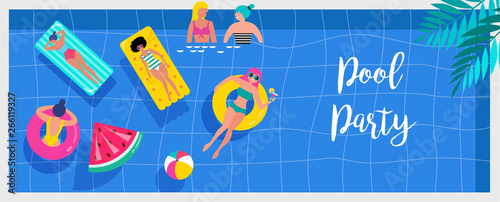 Pool party invitation, background and banner with miniature people swimming and having fun on the pool. Vector illustration