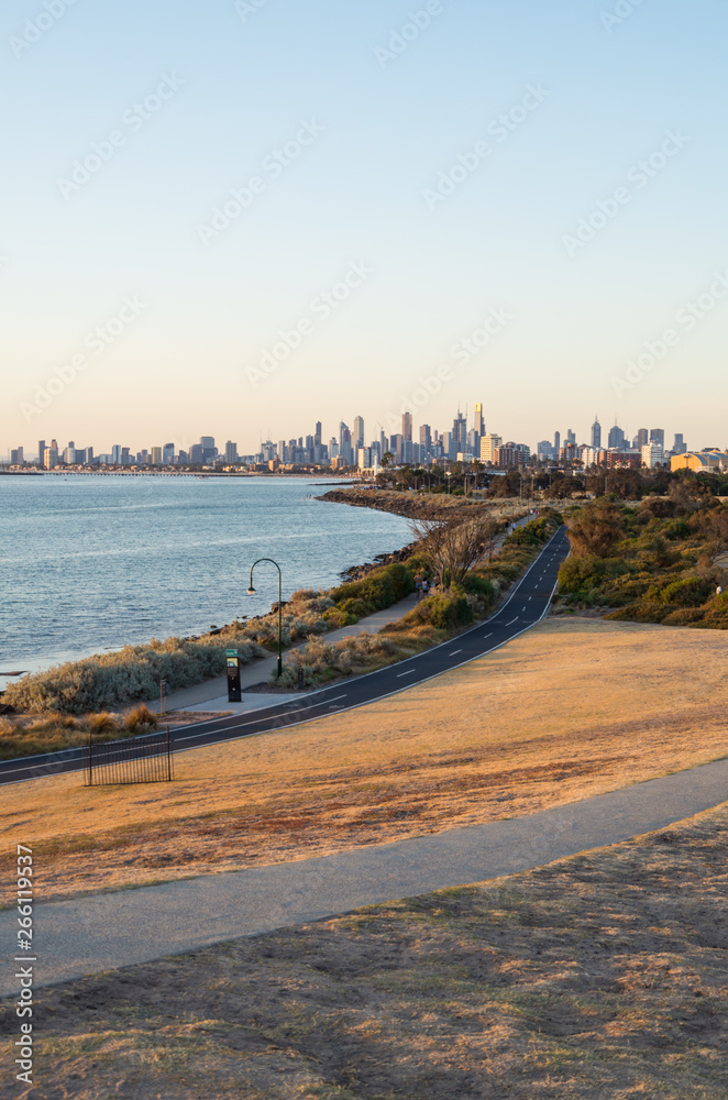 Naklejka premium View of Melbourne skyline in Australia seen from Elwood.