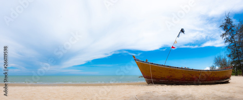 Fishing boats on the beach, sea, summer, fresh sky Used to make travel text websites