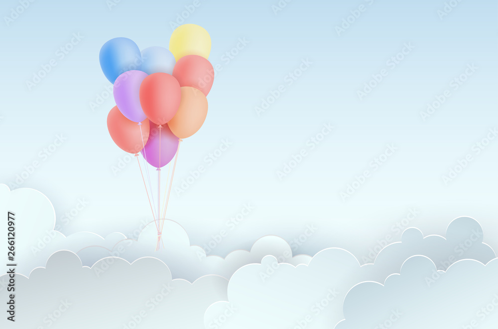 Invitation for party with air balloons and abstract clouds