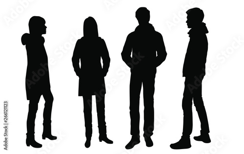 Vector silhouettes of men and women standing, outerwear, business group people, different poses, profile,  black color, isolated on white background