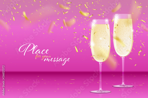 Pink background with glasses of sparkling wine and golden confetti