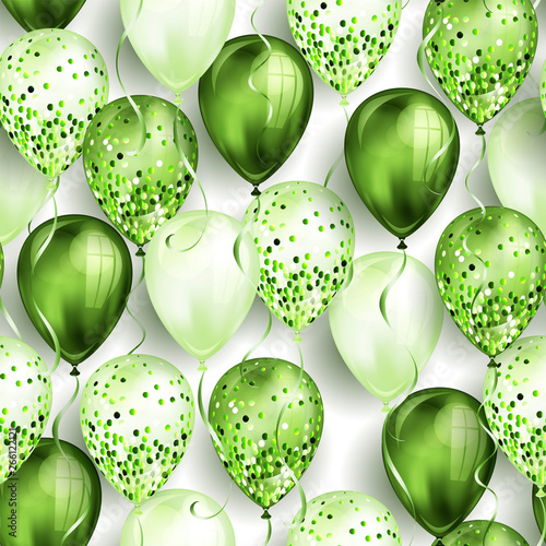 Seamless pattern made of shiny green realistic 3D helium balloons for your design. Glossy balloons with glitter and ribbon, perfect decoration for birthday party brochures, invitation card