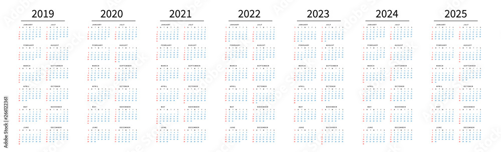Mockup Simple calendar Layout for 2019 to 2025 years. Week starts from ...
