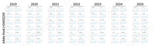 Mockup Simple calendar Layout for 2019 to 2025 years. Week starts from Sunday