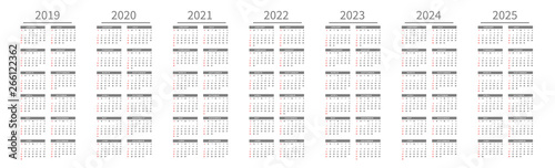 Mockup Simple calendar Layout for 2019 to 2025 years. Week starts from Sunday