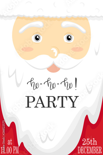 Santa face. Ho-ho-ho party. Vector Christmas party poster.