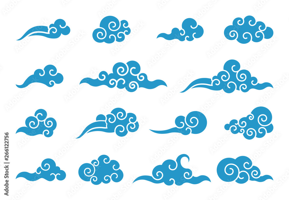 Cloud in Chinese style. Abstract blue cloudy set isolated on white background. Vector illustration