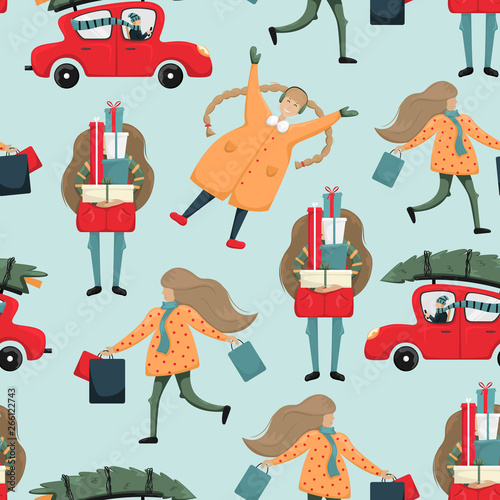 Christmas mood. Seamless pattern with people in fuss for a Christian holiday.