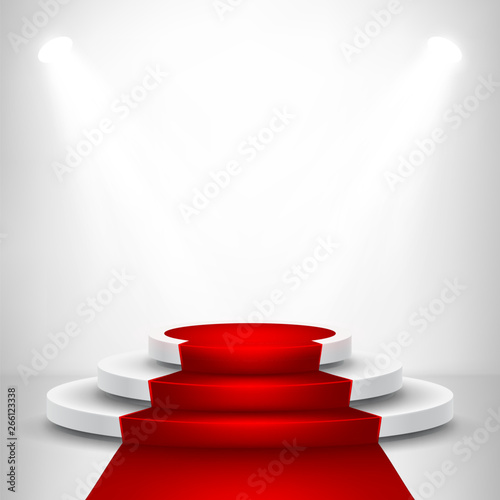 Round stage podium with light. Stage vector backdrop. Festive podium scene with red carpet for award ceremony. Vector illustration